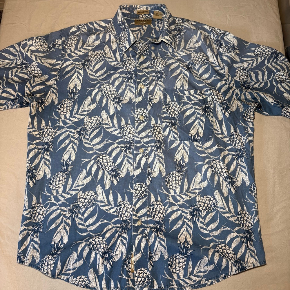 Men's Natural Issue Blue‎ White Pineapple Casual Button Down Shirt M